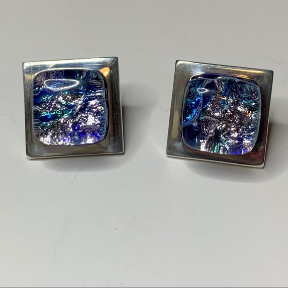 925 Sterling Blue Dichroic Glass Post Earrings - Picture 1 of 4